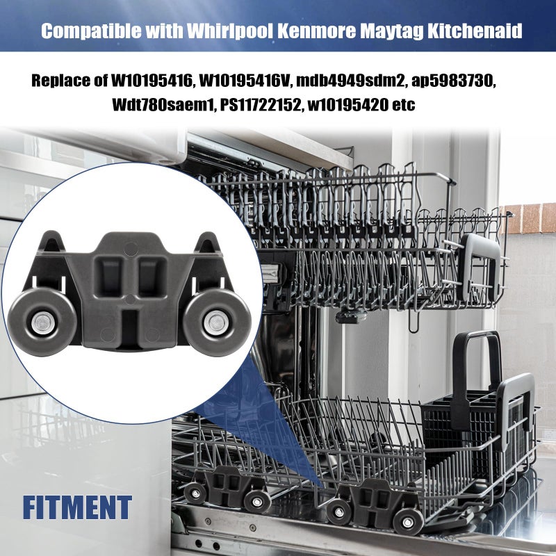 PEATOVIE Dishwasher Wheels Lower Rack Upgraded Compatible for Whirlpool/Kenmore/Maytag/Kitchenaid. Replace Dishwasher Rack Wheels Parts of W10195416 W10579095A PS11722152 W10195420 W10311123B AP5983730(4PACK) - Image 2